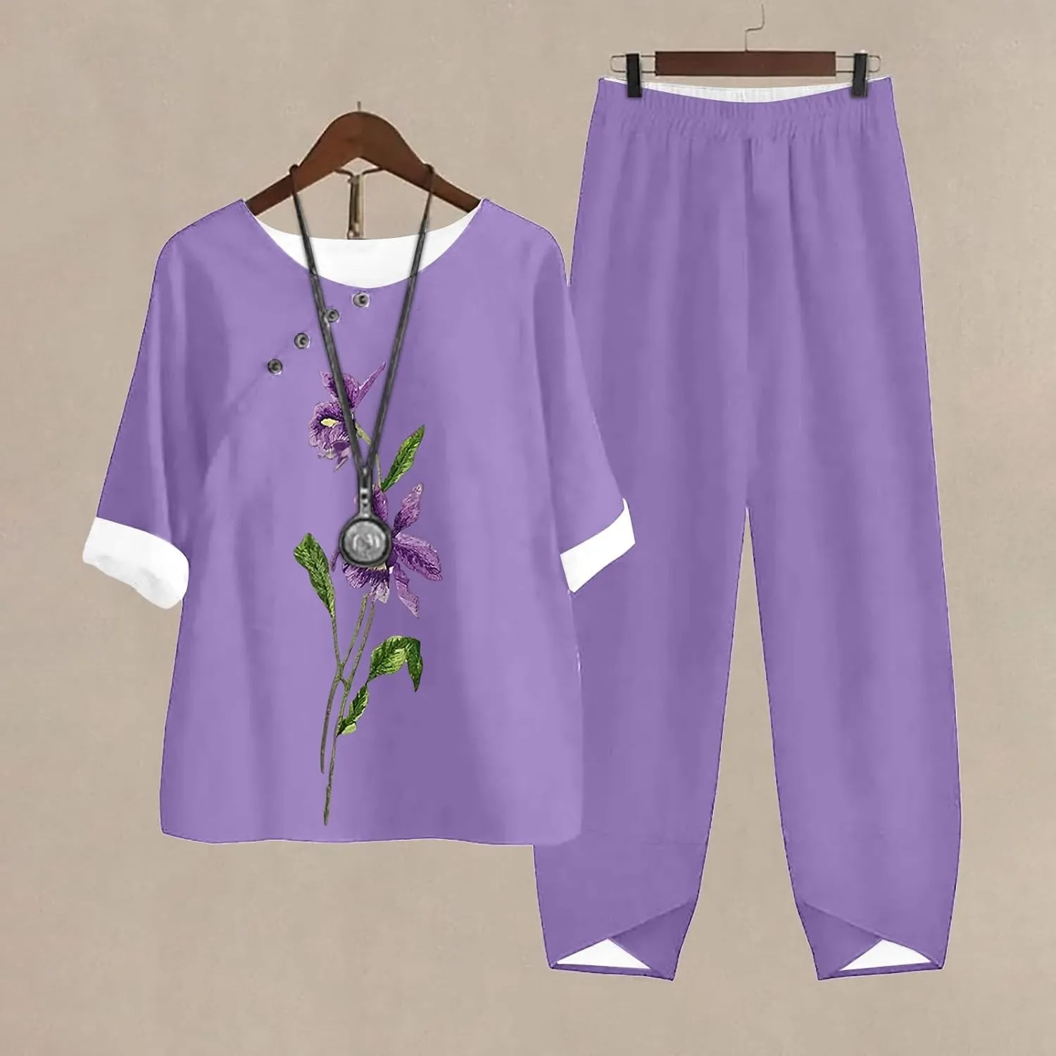 2 Piece Linen Set for Women Long Pants Baggy Loose Cotton Linen Tops 3/4 Sleeve Plus Size Summer Outfits Casual Sets