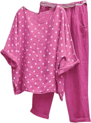 2 Piece Linen Set for Women Long Pants Baggy Loose Cotton Linen Tops 3/4 Sleeve Plus Size Summer Outfits Casual Sets