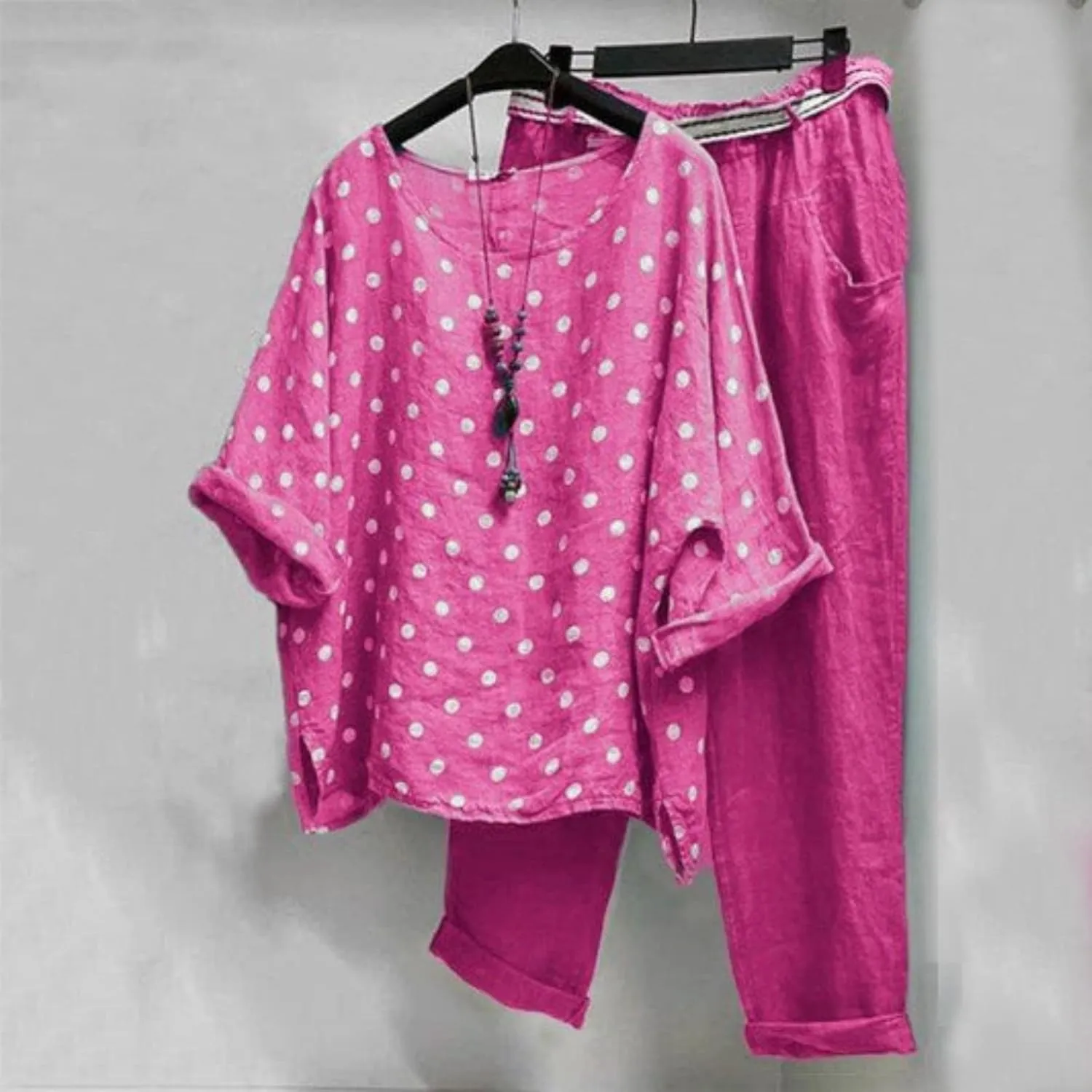 2 Piece Linen Set for Women Long Pants Baggy Loose Cotton Linen Tops 3/4 Sleeve Plus Size Summer Outfits Casual Sets