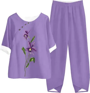 2 Piece Linen Set for Women Long Pants Baggy Loose Cotton Linen Tops 3/4 Sleeve Plus Size Summer Outfits Casual Sets