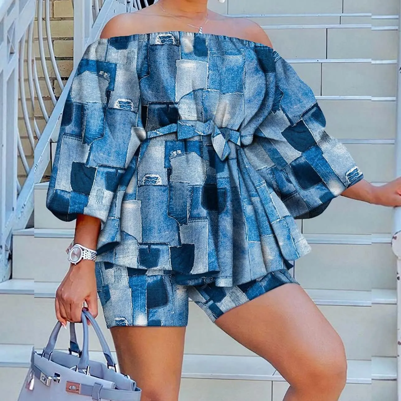 2 Piece Outfits for Women Sexy Off Shoulder Long Sleeve Plus Size Tops High Waisted Bodycon Shorts Set