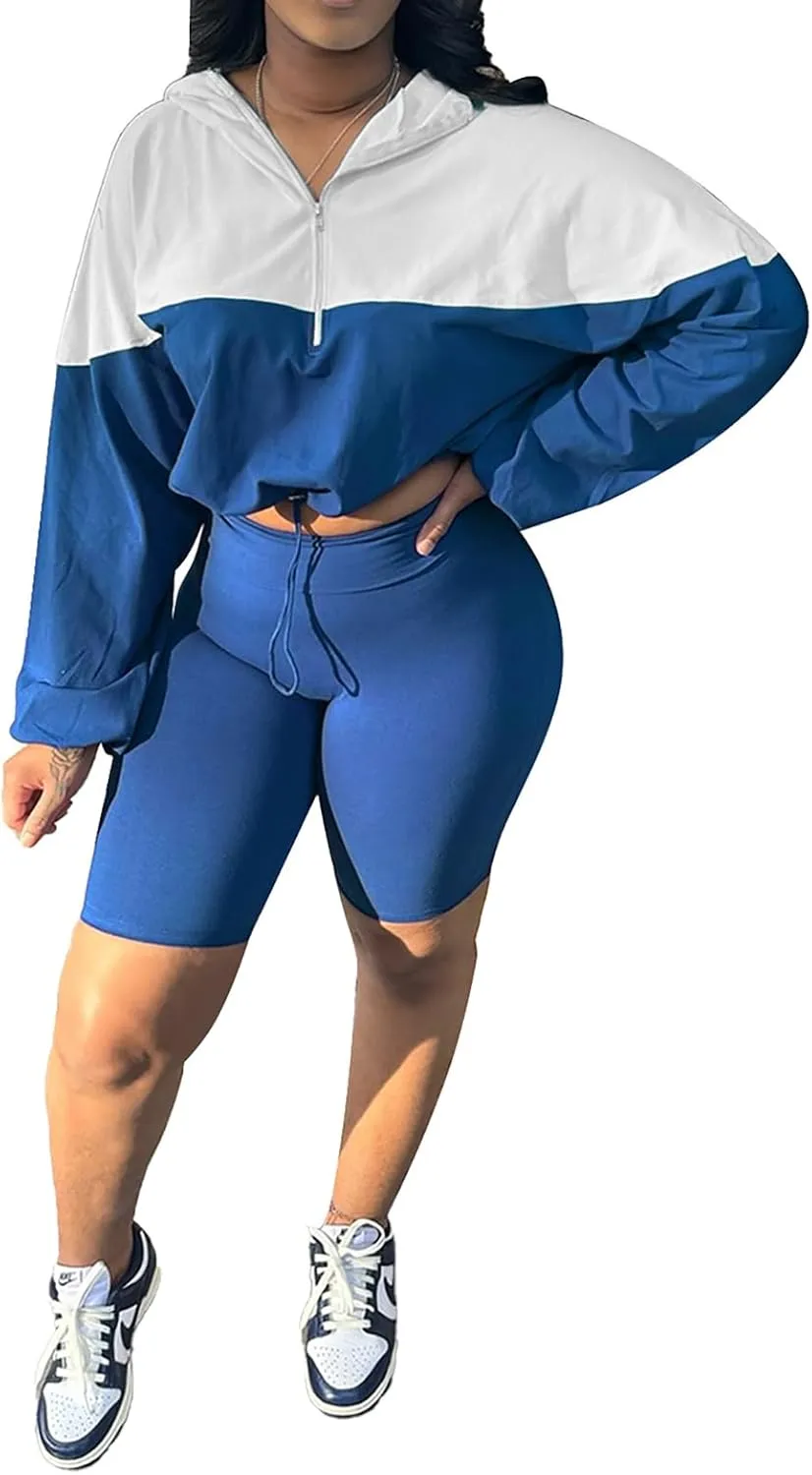 2 Piece Sets for Women Fall Casual Oversized Batwing Sleeve Hooded Crop Top and Shorts Outfits Lounge Sets Sweatsuit