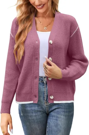 Allimy Womens Slouchy Contrast Tipping Imitation Cashmere Short Cardigan Sweaters for Women Fall Fashion 2025 Trendy Coats