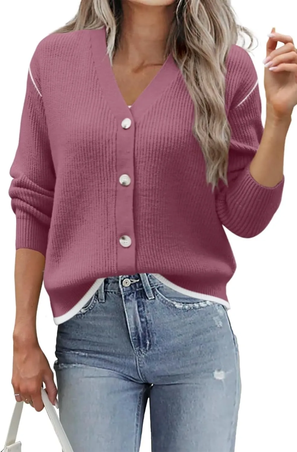 Allimy Womens Slouchy Contrast Tipping Imitation Cashmere Short Cardigan Sweaters for Women Fall Fashion 2025 Trendy Coats