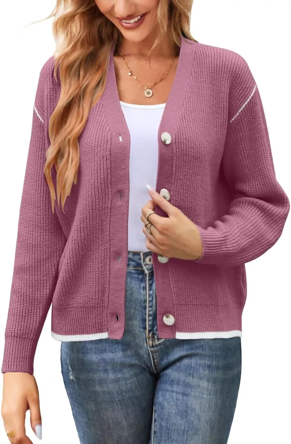 Allimy Womens Slouchy Contrast Tipping Imitation Cashmere Short Cardigan Sweaters for Women Fall Fashion 2025 Trendy Coats
