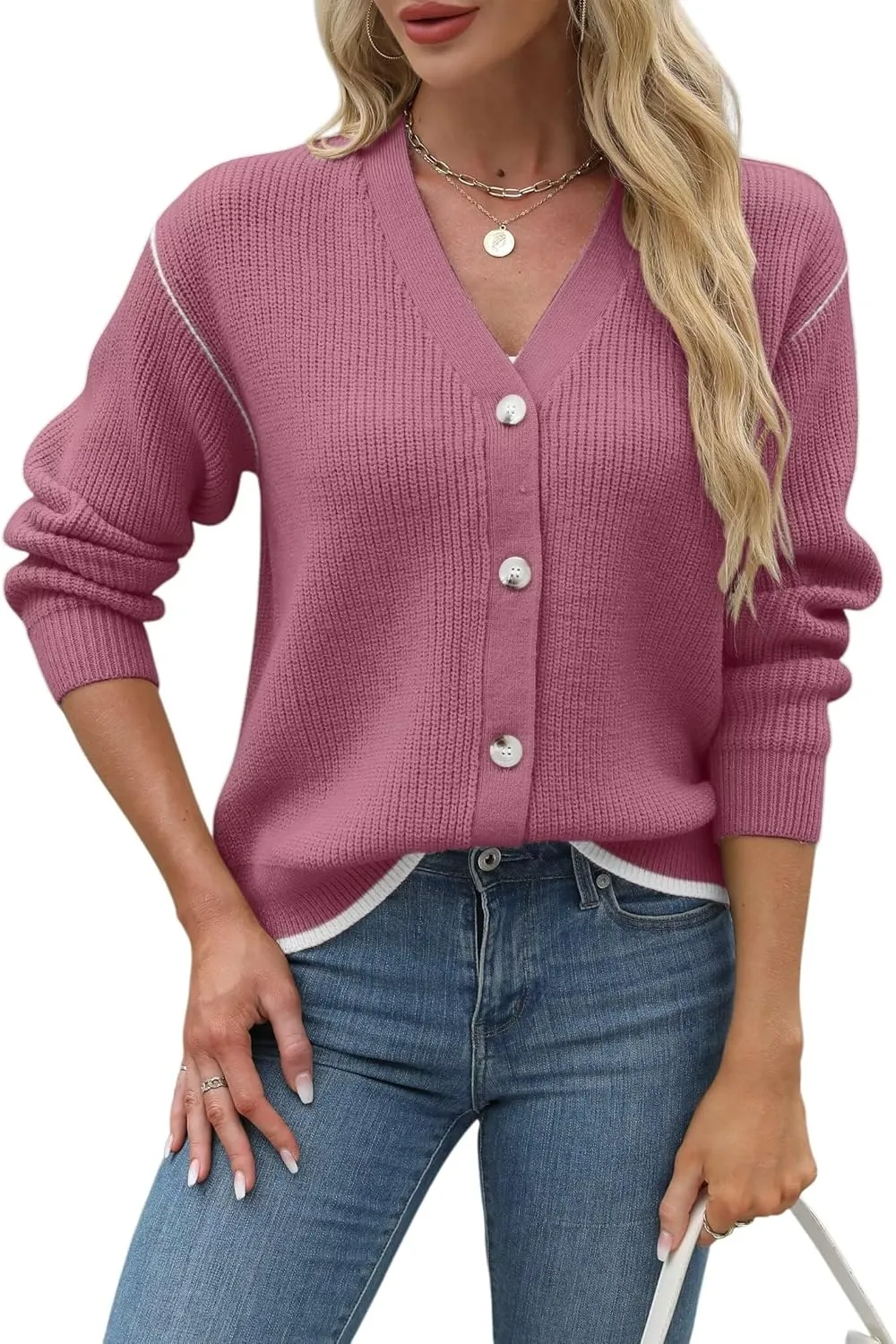 Allimy Womens Slouchy Contrast Tipping Imitation Cashmere Short Cardigan Sweaters for Women Fall Fashion 2025 Trendy Coats