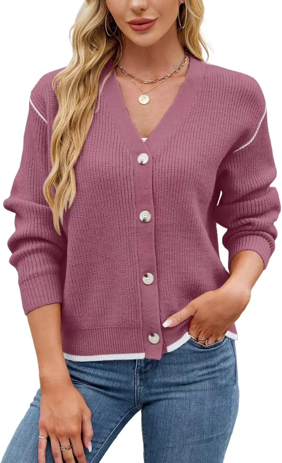 Allimy Womens Slouchy Contrast Tipping Imitation Cashmere Short Cardigan Sweaters for Women Fall Fashion 2025 Trendy Coats