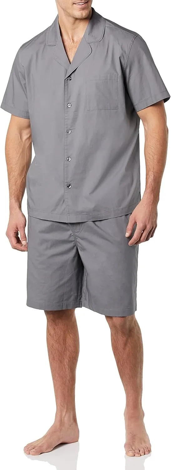 Amazon Essentials Men's Lightweight Woven Short Pajama Set with Notch Collar and Button Loungewear