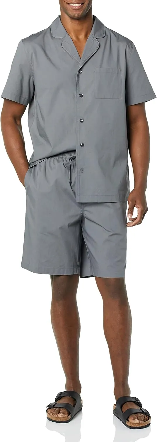 Amazon Essentials Men's Lightweight Woven Short Pajama Set with Notch Collar and Button Loungewear