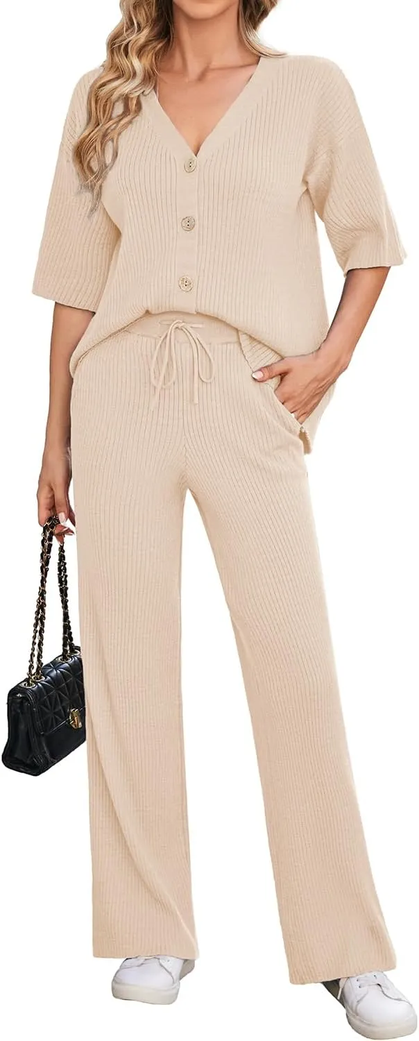 Arach&Cloz Womens 2 Piece Sets Spring Summer Outfits 2024 Short Sleeve Cardigan Sweaters Wide Leg Pants Lounge Tracksuits