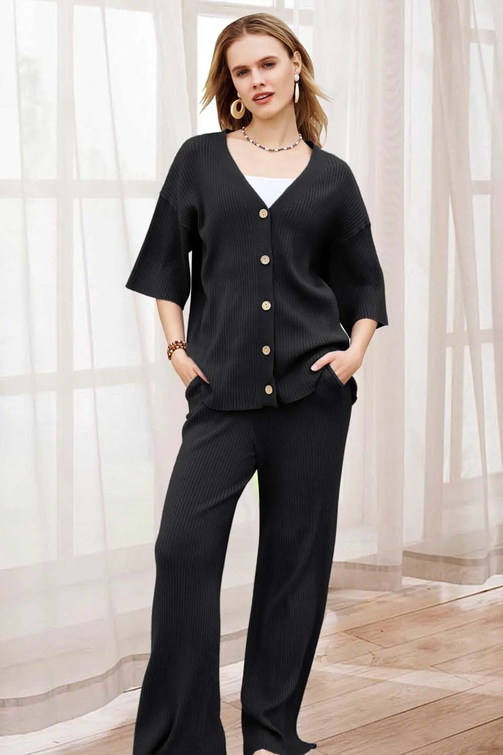 Arach&Cloz Womens 2 Piece Sets Spring Summer Outfits 2024 Short Sleeve Cardigan Sweaters Wide Leg Pants Lounge Tracksuits