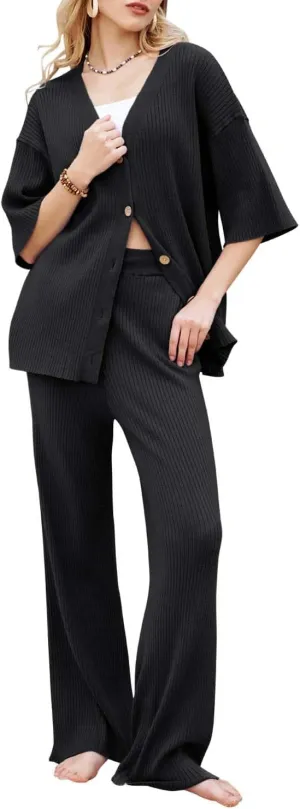 Arach&Cloz Womens 2 Piece Sets Spring Summer Outfits 2024 Short Sleeve Cardigan Sweaters Wide Leg Pants Lounge Tracksuits