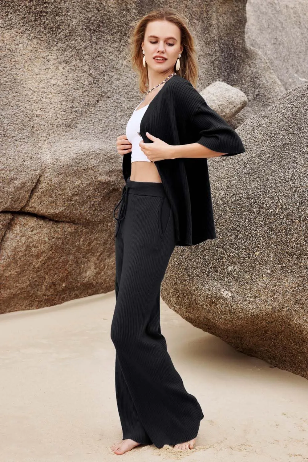 Arach&Cloz Womens 2 Piece Sets Spring Summer Outfits 2024 Short Sleeve Cardigan Sweaters Wide Leg Pants Lounge Tracksuits