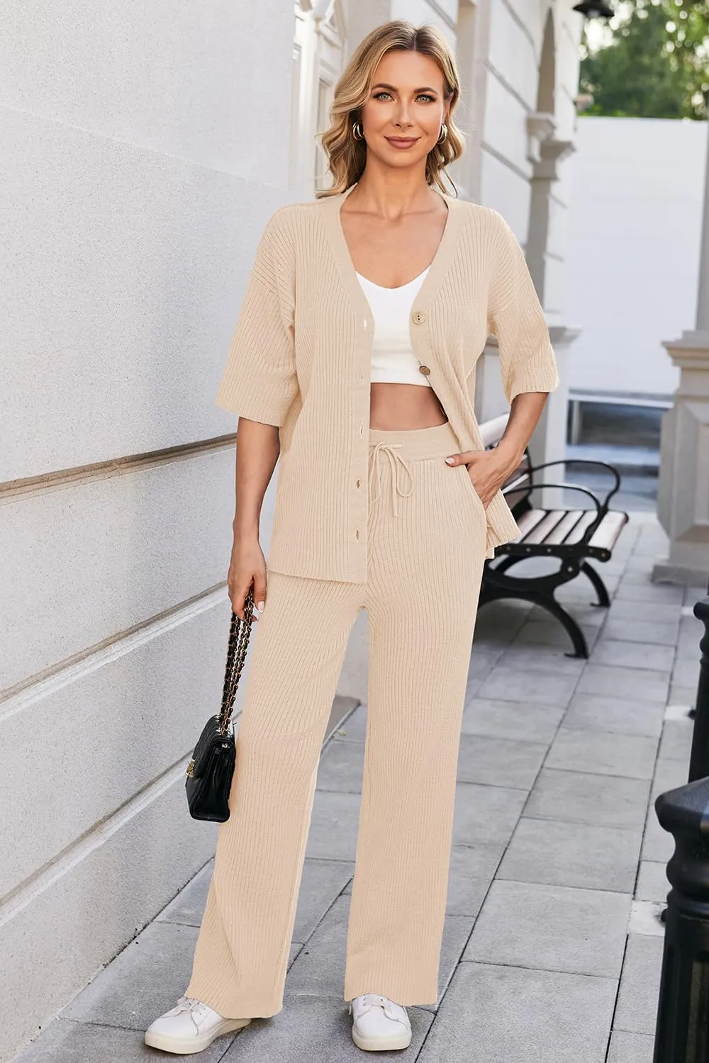 Arach&Cloz Womens 2 Piece Sets Spring Summer Outfits 2024 Short Sleeve Cardigan Sweaters Wide Leg Pants Lounge Tracksuits