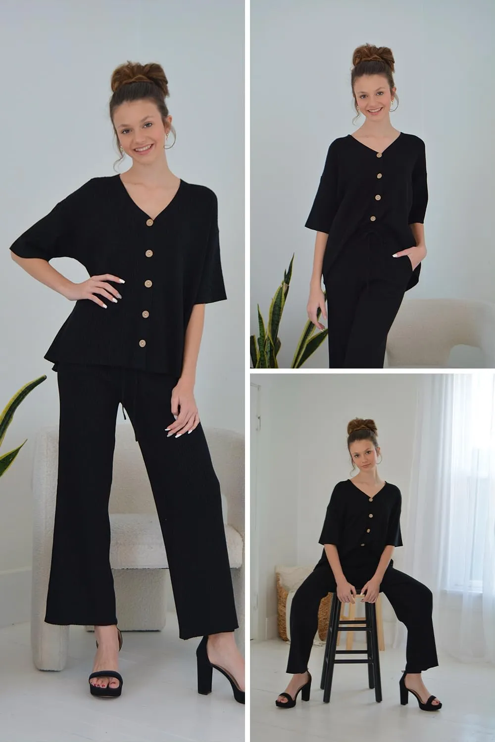 Arach&Cloz Womens 2 Piece Sets Spring Summer Outfits 2024 Short Sleeve Cardigan Sweaters Wide Leg Pants Lounge Tracksuits
