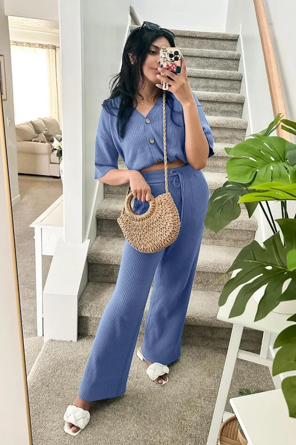 Arach&Cloz Womens 2 Piece Sets Spring Summer Outfits 2024 Short Sleeve Cardigan Sweaters Wide Leg Pants Lounge Tracksuits