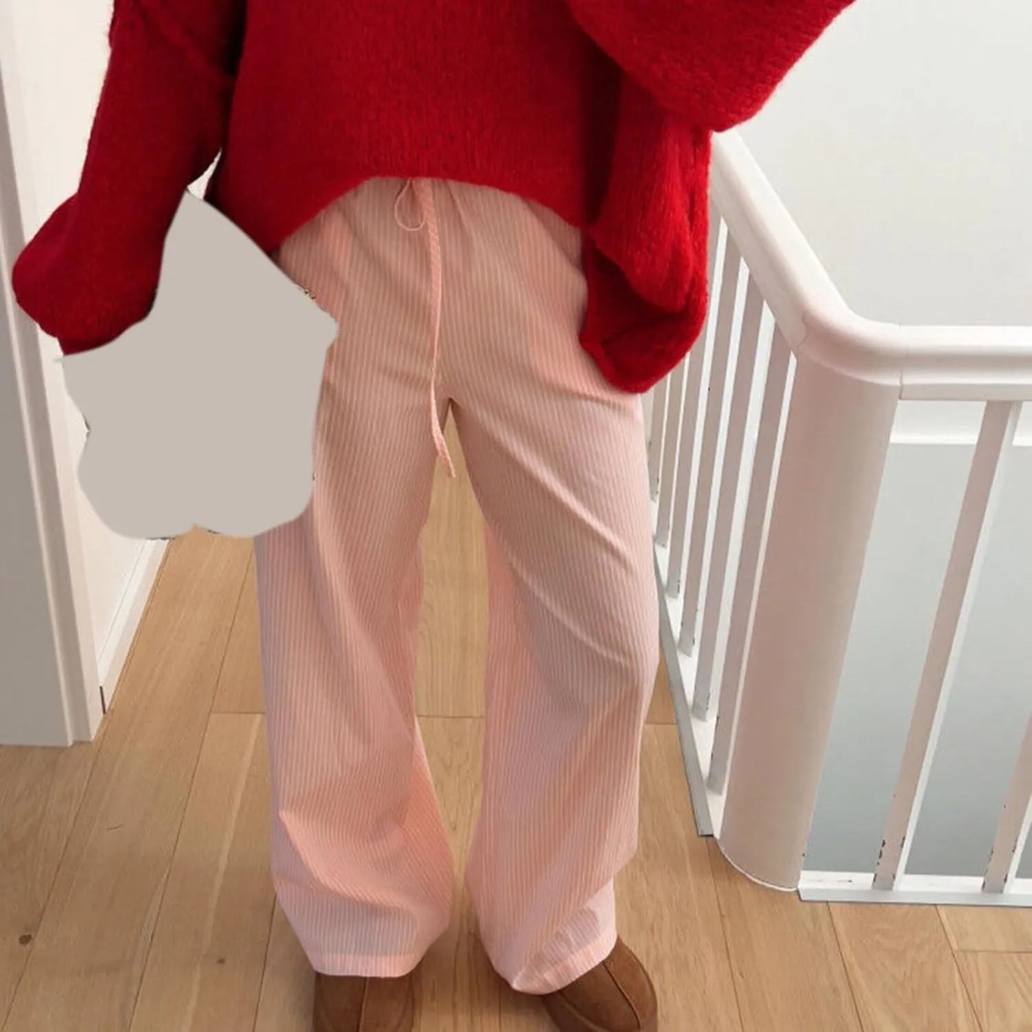 Awoscut Women's Elastic High Waist Y2K Fashion Pants Striped Print Straight Casual Wide Leg Trousers Lounge Pants Bottom