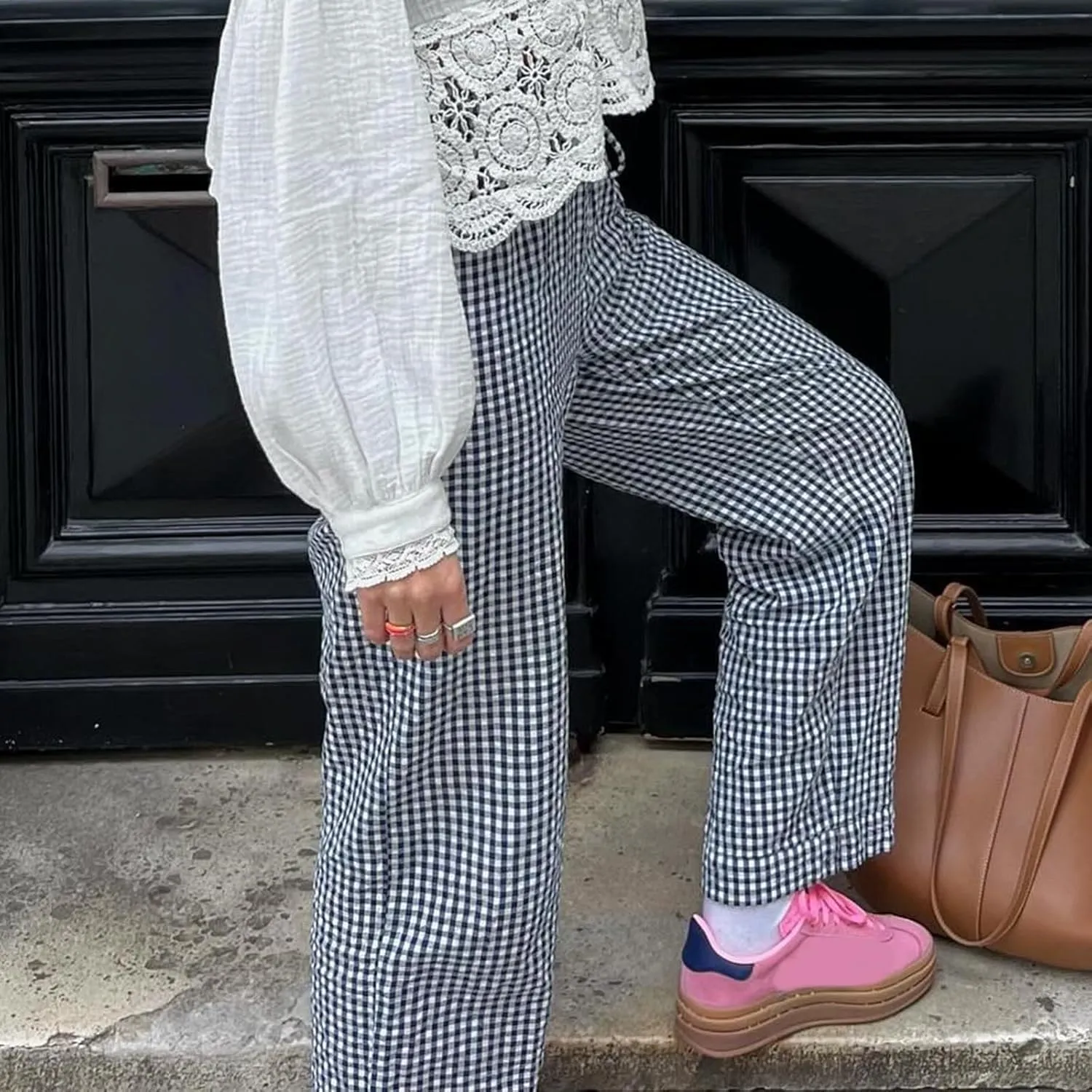 Awoscut Women's Elastic High Waist Y2K Fashion Pants Striped Print Straight Casual Wide Leg Trousers Lounge Pants Bottom