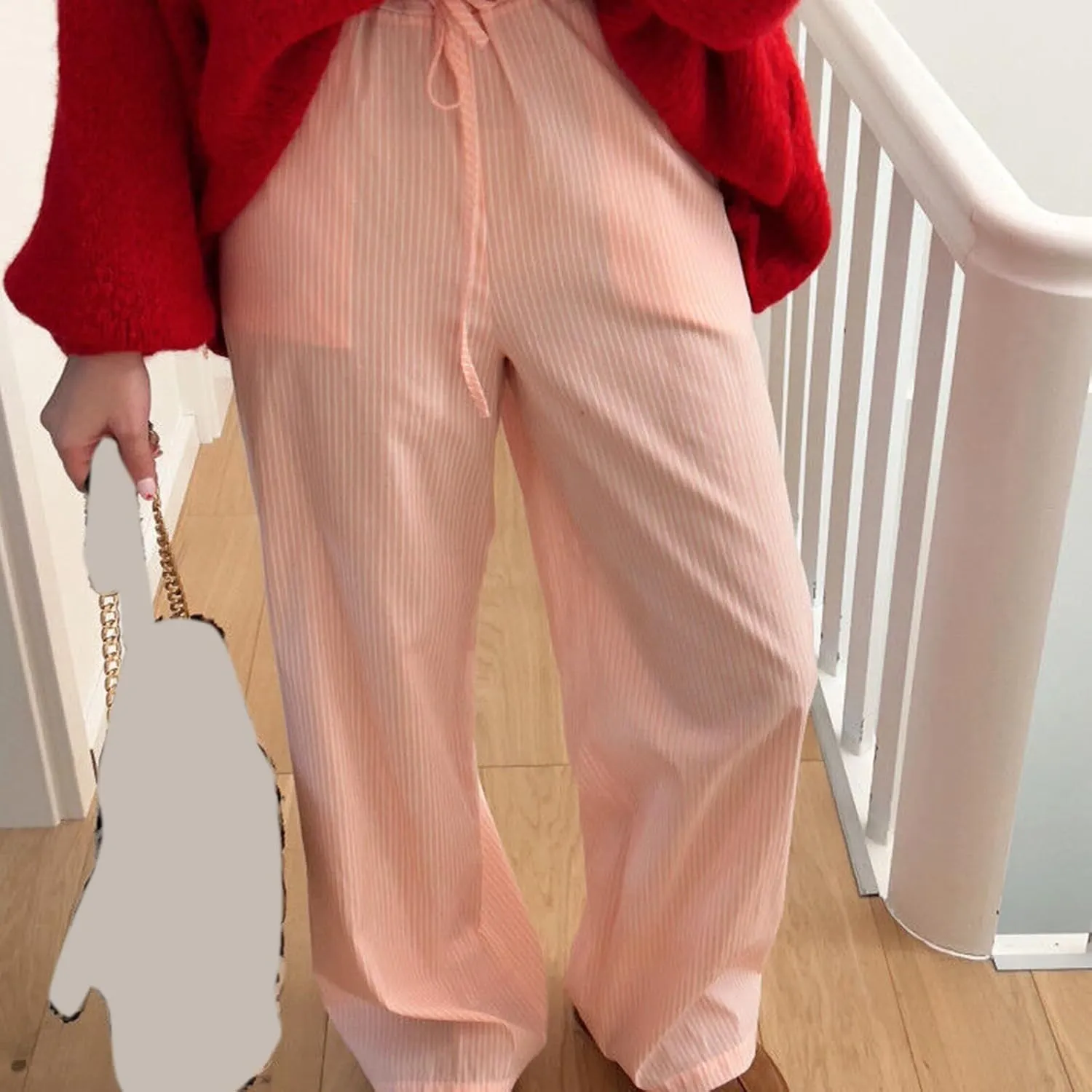 Awoscut Women's Elastic High Waist Y2K Fashion Pants Striped Print Straight Casual Wide Leg Trousers Lounge Pants Bottom
