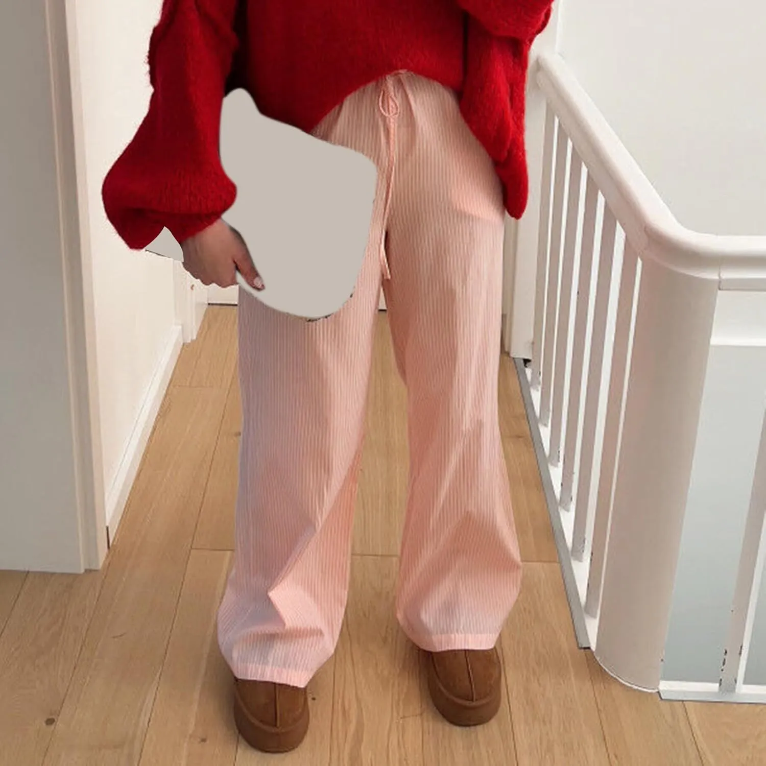Awoscut Women's Elastic High Waist Y2K Fashion Pants Striped Print Straight Casual Wide Leg Trousers Lounge Pants Bottom