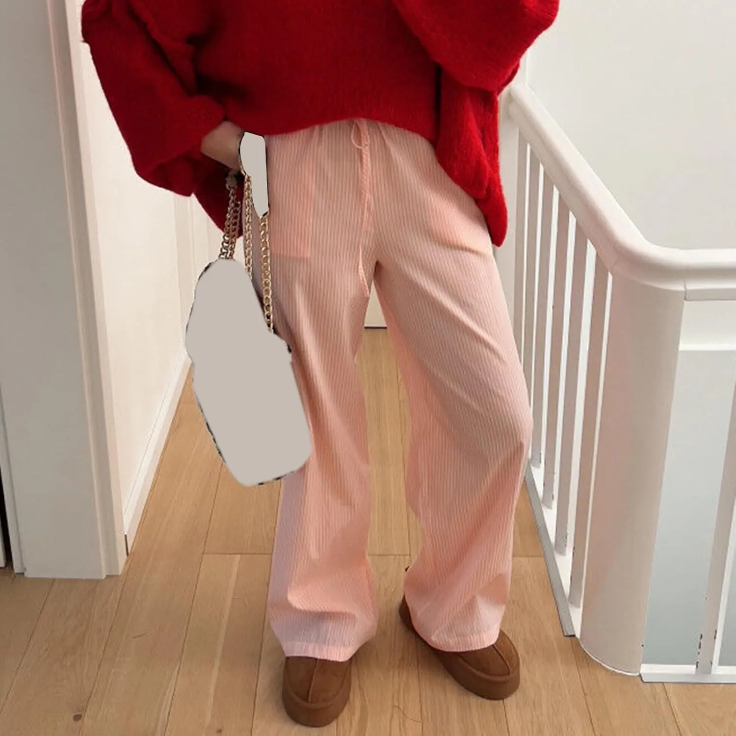Awoscut Women's Elastic High Waist Y2K Fashion Pants Striped Print Straight Casual Wide Leg Trousers Lounge Pants Bottom