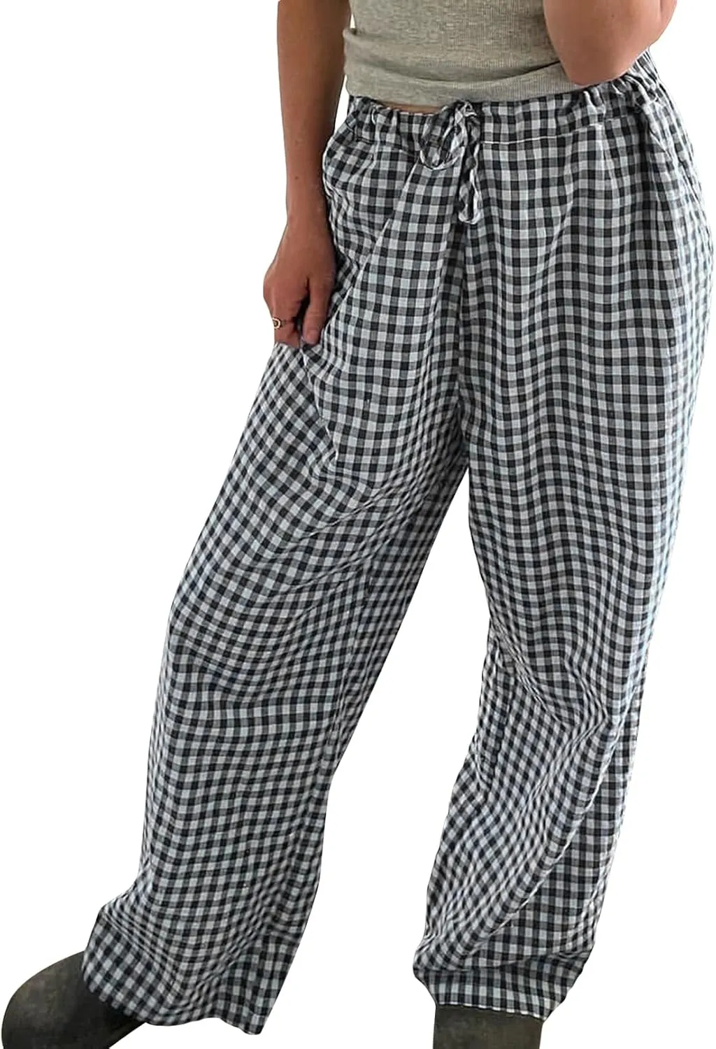Awoscut Women's Elastic High Waist Y2K Fashion Pants Striped Print Straight Casual Wide Leg Trousers Lounge Pants Bottom