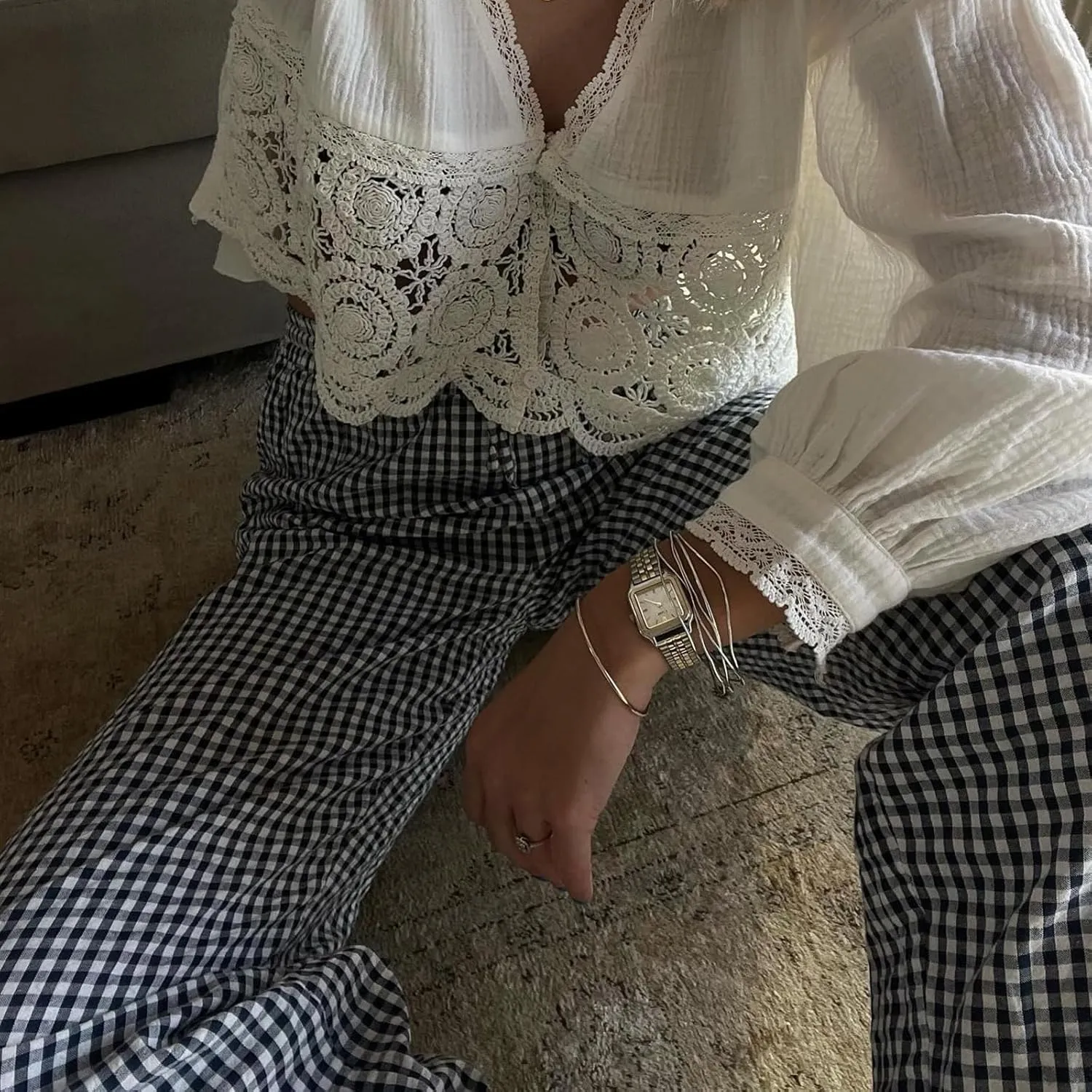 Awoscut Women's Elastic High Waist Y2K Fashion Pants Striped Print Straight Casual Wide Leg Trousers Lounge Pants Bottom