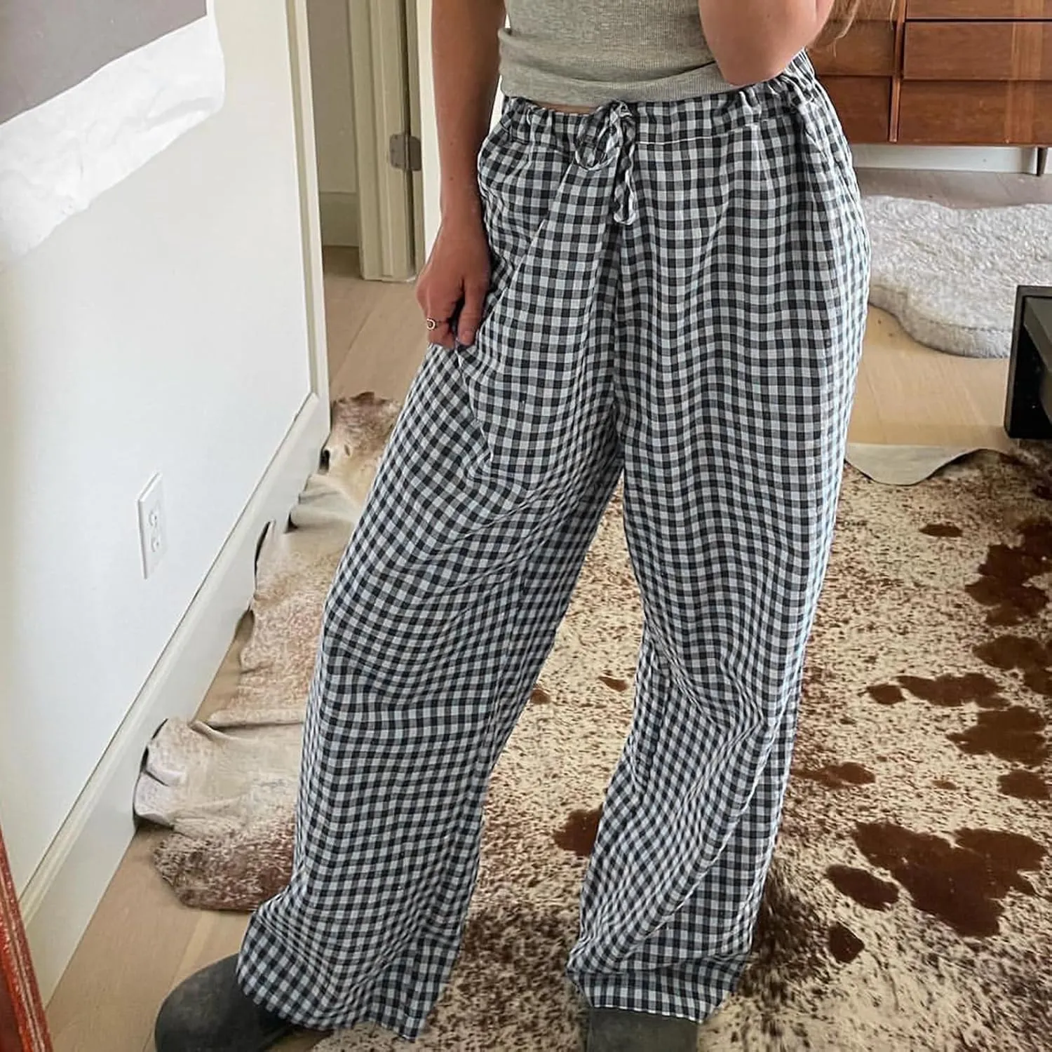 Awoscut Women's Elastic High Waist Y2K Fashion Pants Striped Print Straight Casual Wide Leg Trousers Lounge Pants Bottom