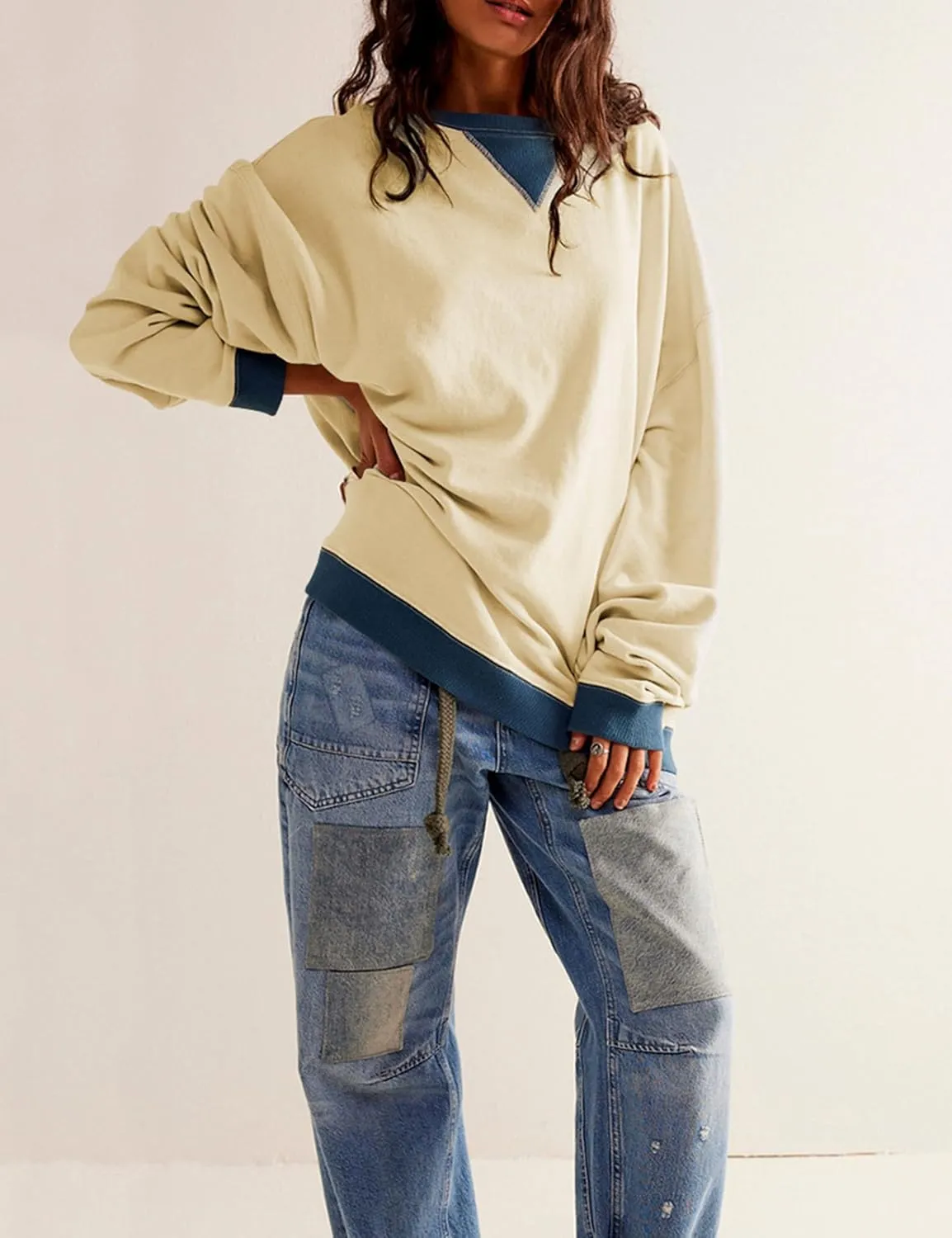 Bozanly Womens Casual Crewneck Color Block Long Sleeve Drop Shoulder Oversized Pullover Tops Sweatshirts