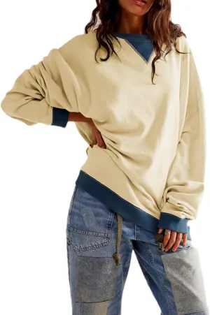 Bozanly Womens Casual Crewneck Color Block Long Sleeve Drop Shoulder Oversized Pullover Tops Sweatshirts