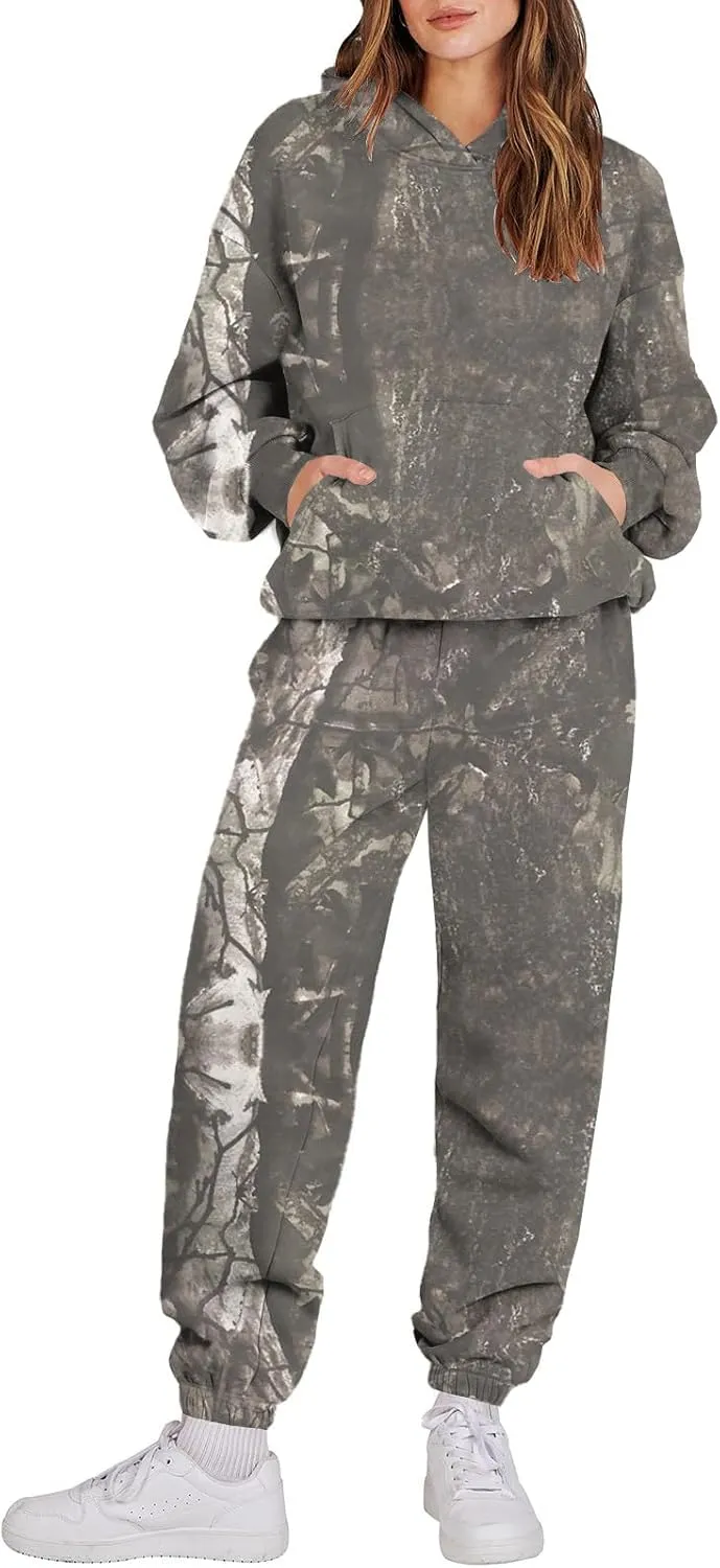 Camo Sweatsuit Set for Women - 2 Piece Crewneck Hoodie & Wide Leg Sweatpant Fall Outfit Lounge Set