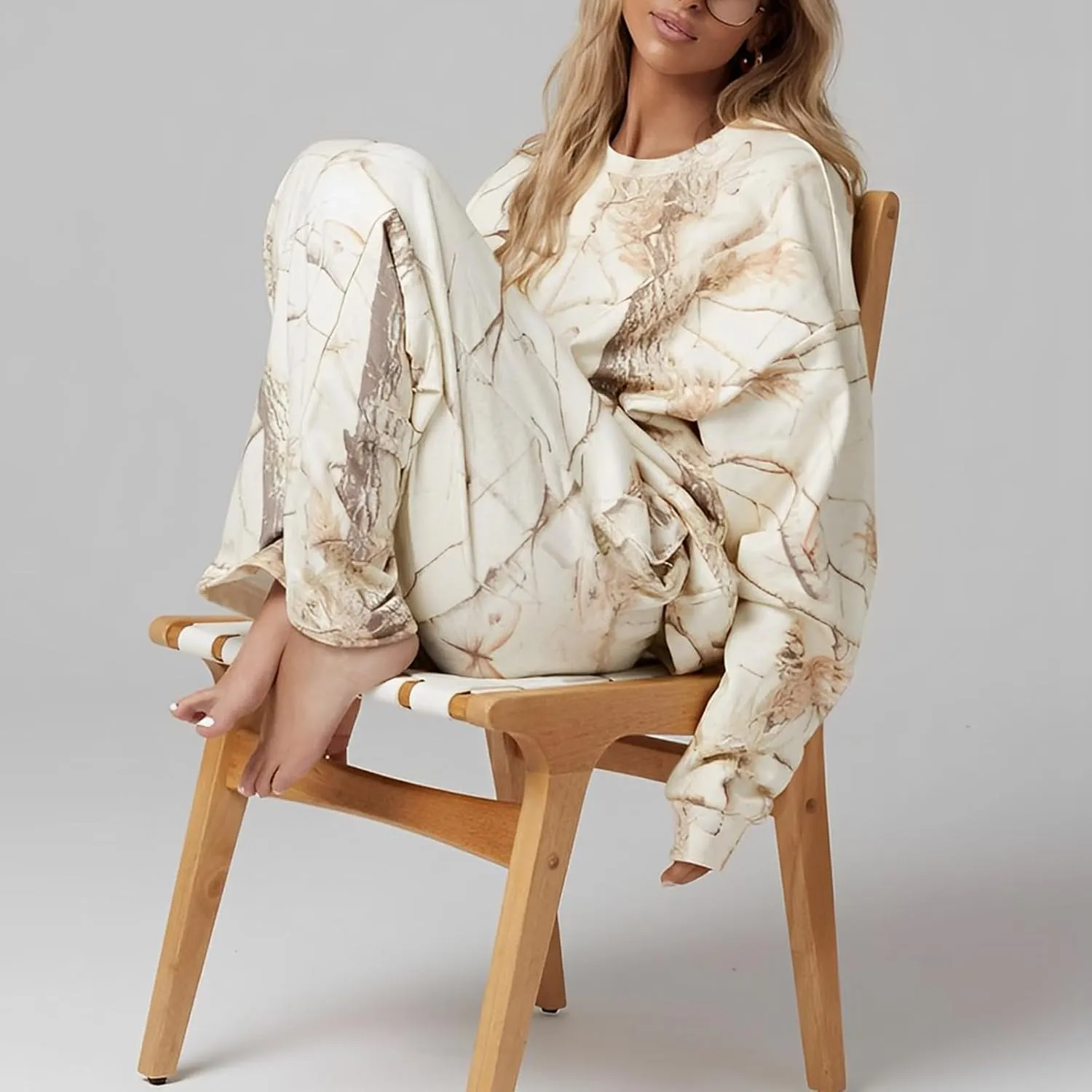 Camo Sweatsuit Set for Women - 2 Piece Crewneck Hoodie & Wide Leg Sweatpant Fall Outfit Lounge Set