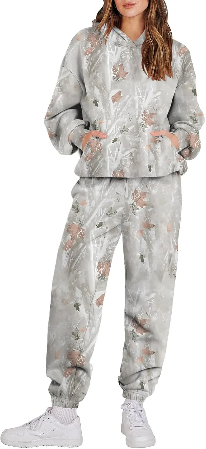 Camo Sweatsuit Set for Women - 2 Piece Crewneck Hoodie & Wide Leg Sweatpant Fall Outfit Lounge Set