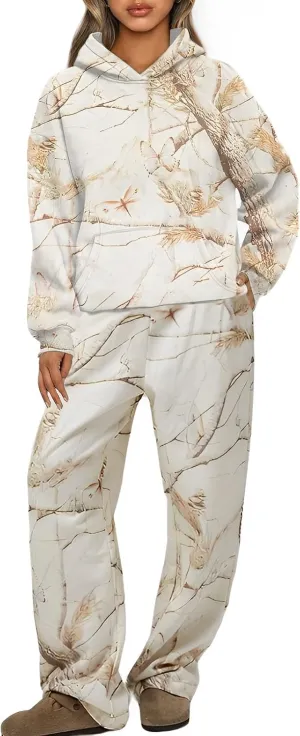 Camo Sweatsuit Set for Women - 2 Piece Crewneck Hoodie & Wide Leg Sweatpant Fall Outfit Lounge Set