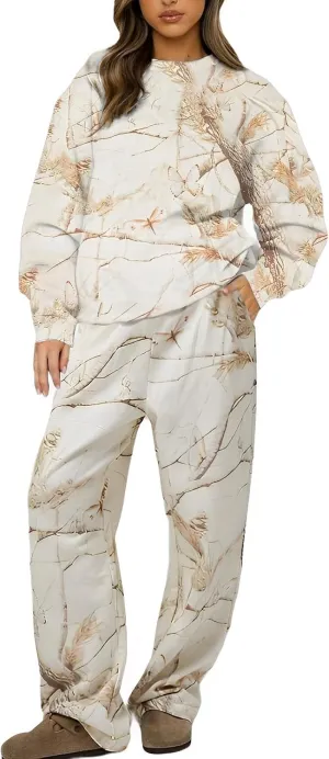 Camo Sweatsuit Set for Women - 2 Piece Crewneck Hoodie & Wide Leg Sweatpant Fall Outfit Lounge Set