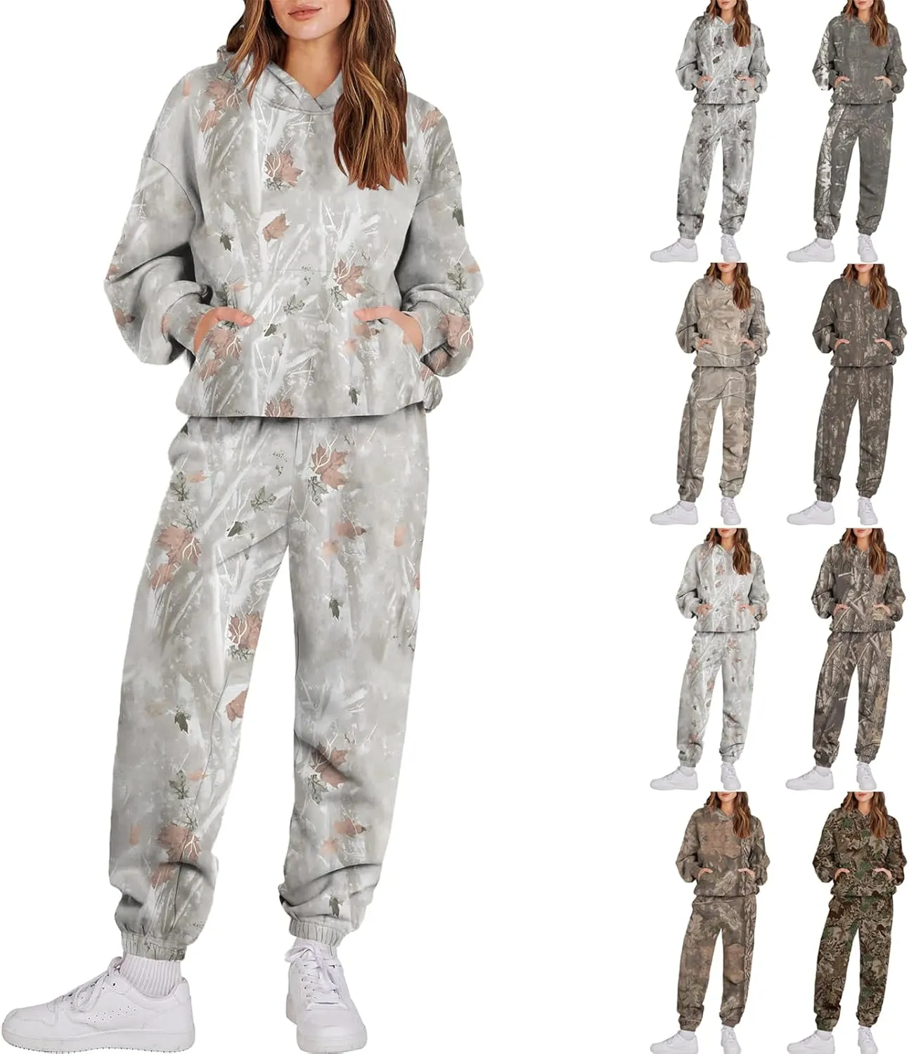 Camo Sweatsuit Set for Women - 2 Piece Crewneck Hoodie & Wide Leg Sweatpant Fall Outfit Lounge Set
