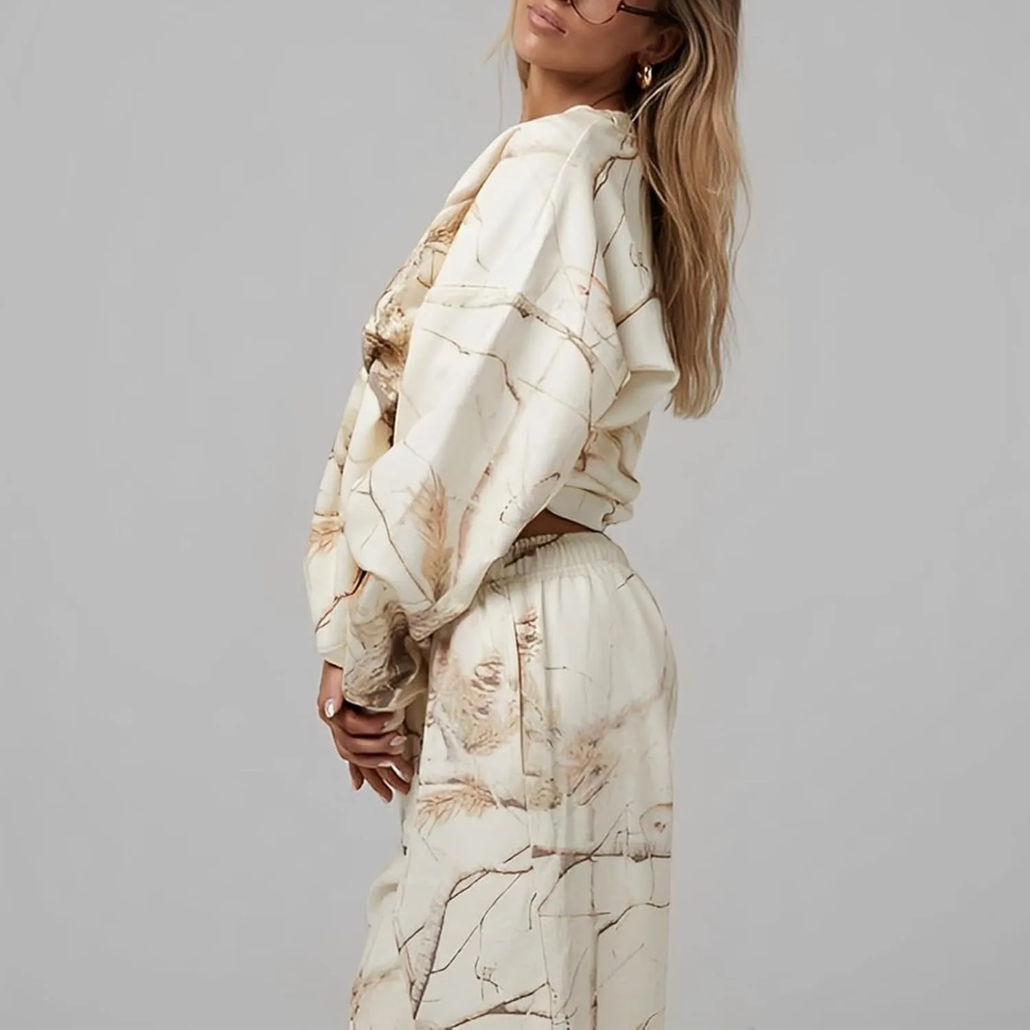 Camo Sweatsuit Set for Women - 2 Piece Crewneck Hoodie & Wide Leg Sweatpant Fall Outfit Lounge Set