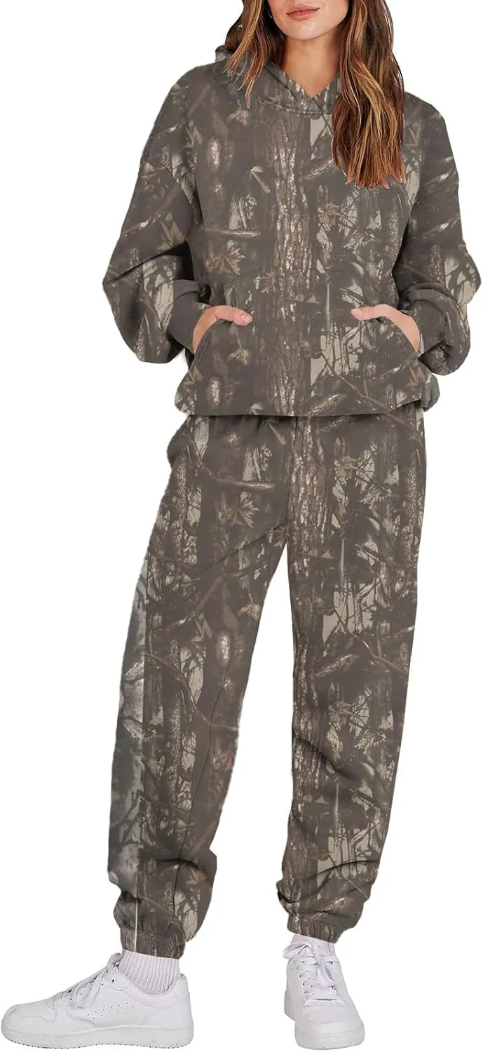 Camo Sweatsuit Set for Women - 2 Piece Crewneck Hoodie & Wide Leg Sweatpant Fall Outfit Lounge Set