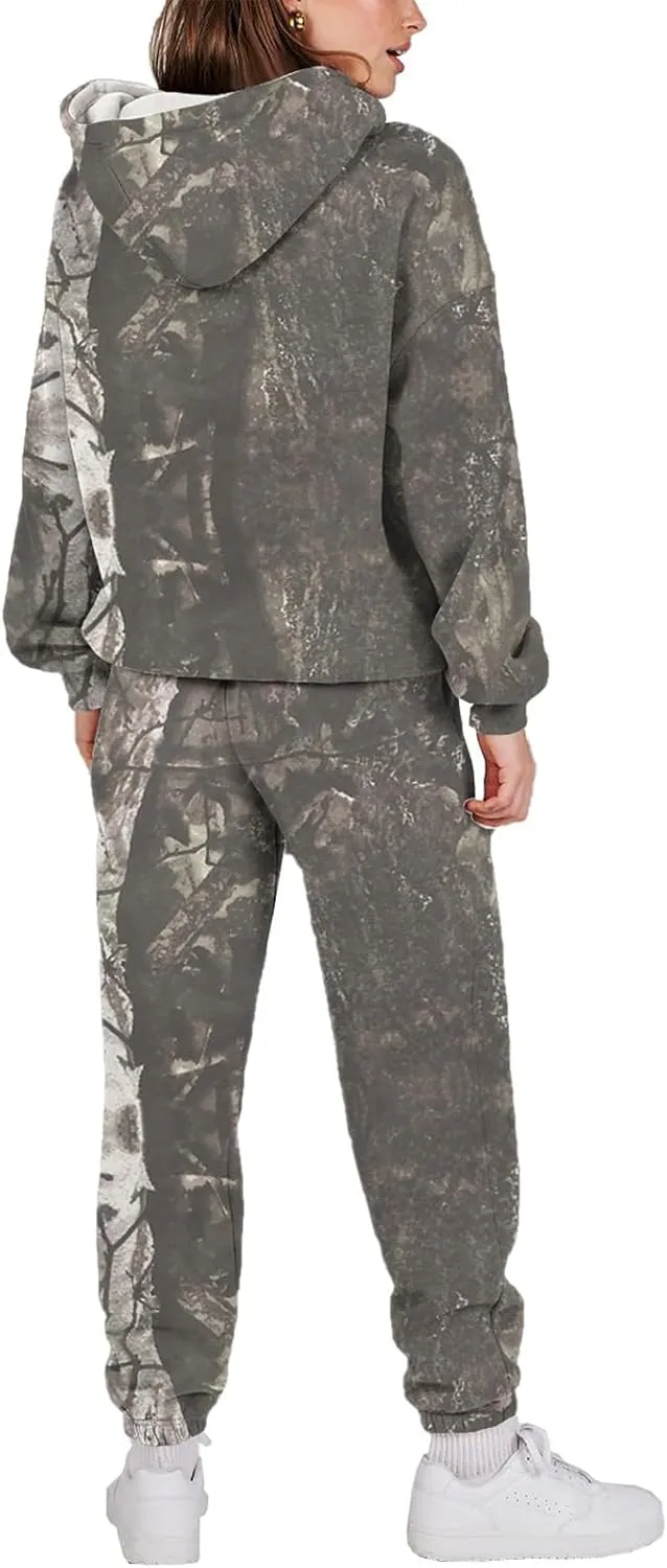 Camo Sweatsuit Set for Women - 2 Piece Crewneck Hoodie & Wide Leg Sweatpant Fall Outfit Lounge Set