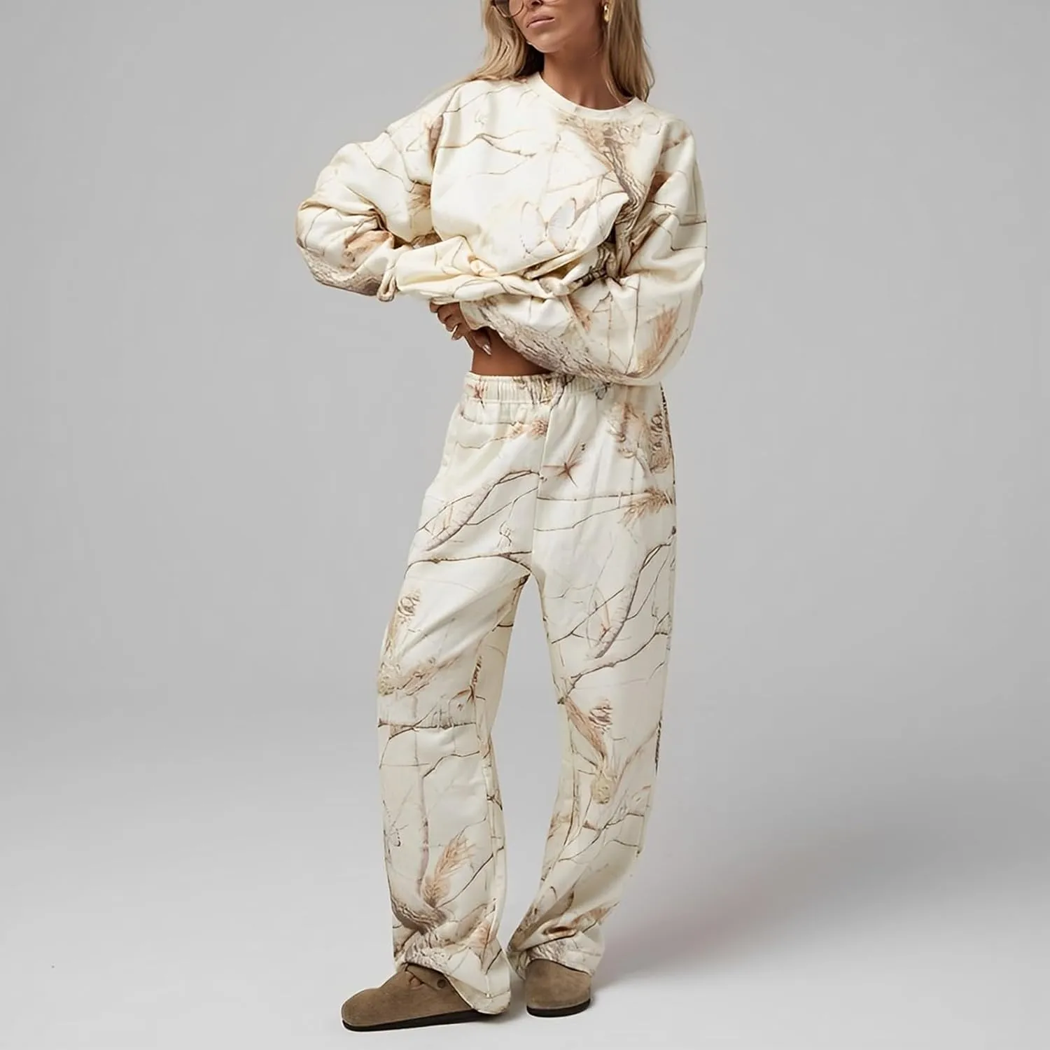 Camo Sweatsuit Set for Women - 2 Piece Crewneck Hoodie & Wide Leg Sweatpant Fall Outfit Lounge Set