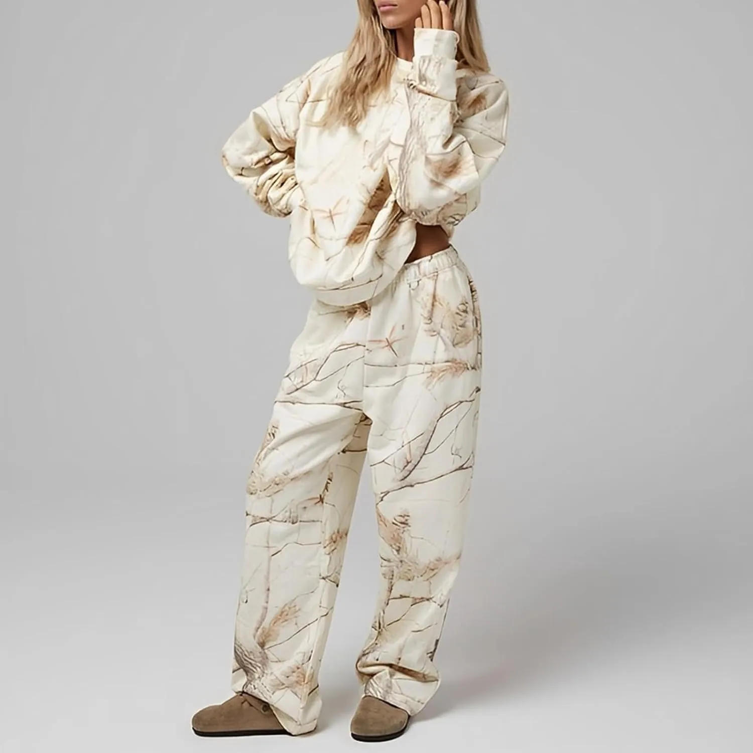 Camo Sweatsuit Set for Women - 2 Piece Crewneck Hoodie & Wide Leg Sweatpant Fall Outfit Lounge Set