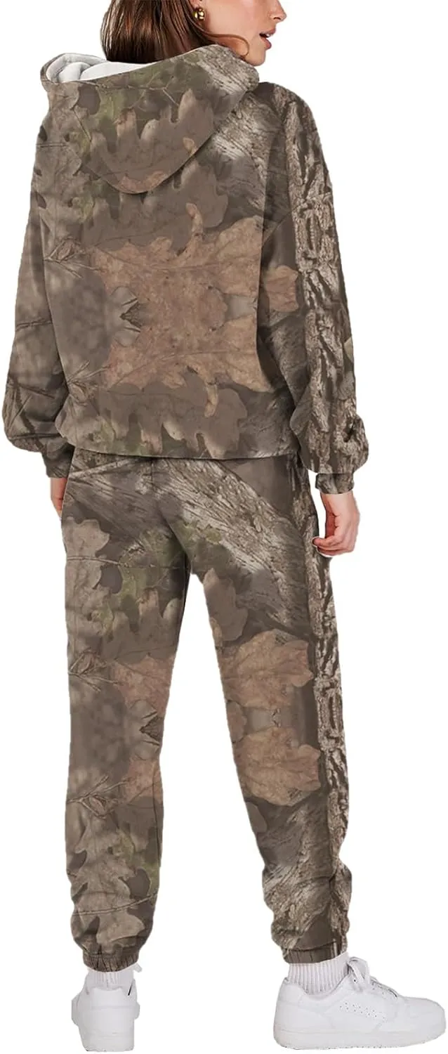 Camo Sweatsuit Set for Women - 2 Piece Crewneck Hoodie & Wide Leg Sweatpant Fall Outfit Lounge Set