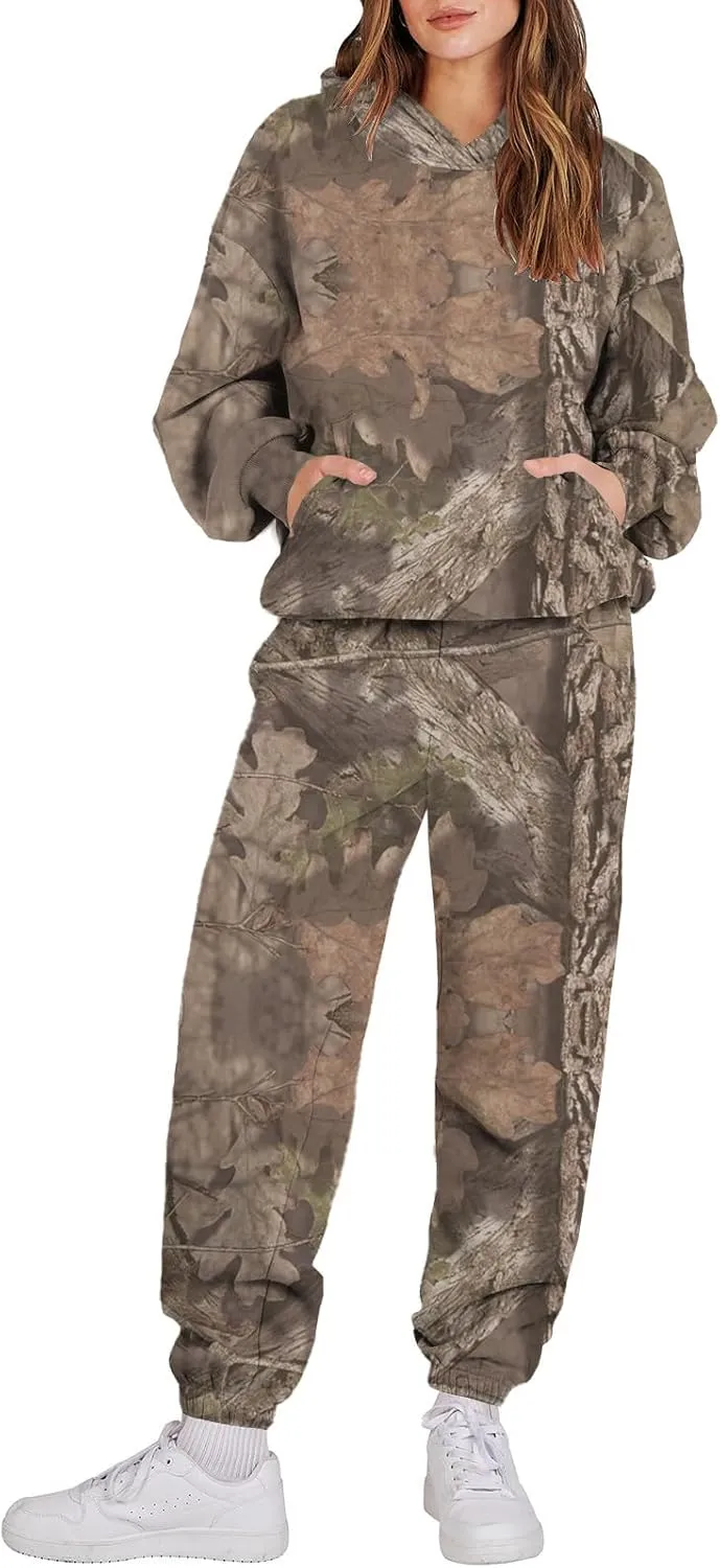 Camo Sweatsuit Set for Women - 2 Piece Crewneck Hoodie & Wide Leg Sweatpant Fall Outfit Lounge Set