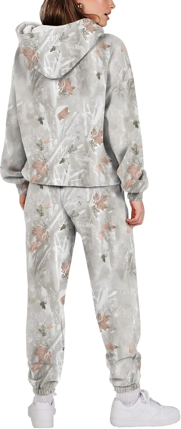 Camo Sweatsuit Set for Women - 2 Piece Crewneck Hoodie & Wide Leg Sweatpant Fall Outfit Lounge Set