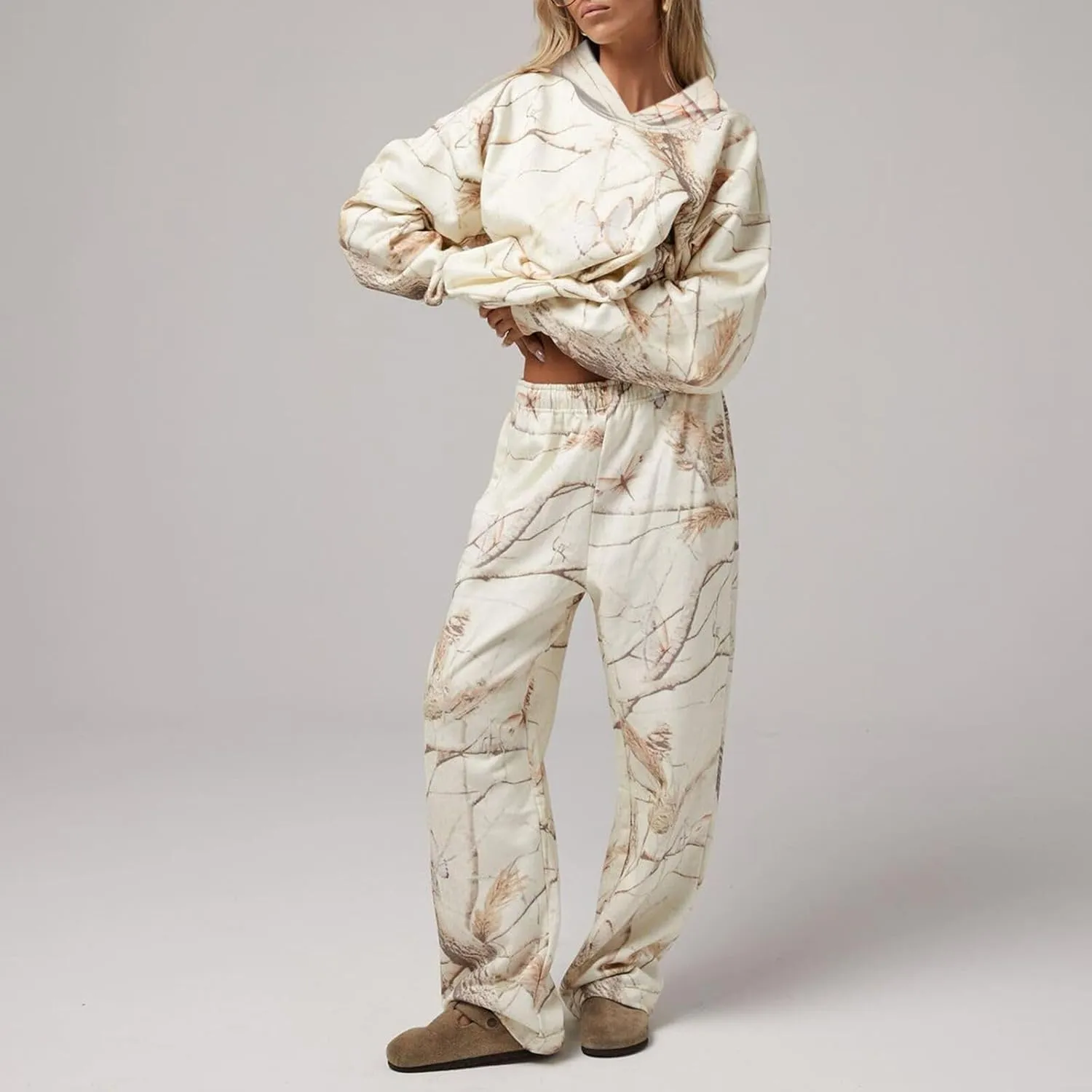 Camo Sweatsuit Set for Women - 2 Piece Crewneck Hoodie & Wide Leg Sweatpant Fall Outfit Lounge Set