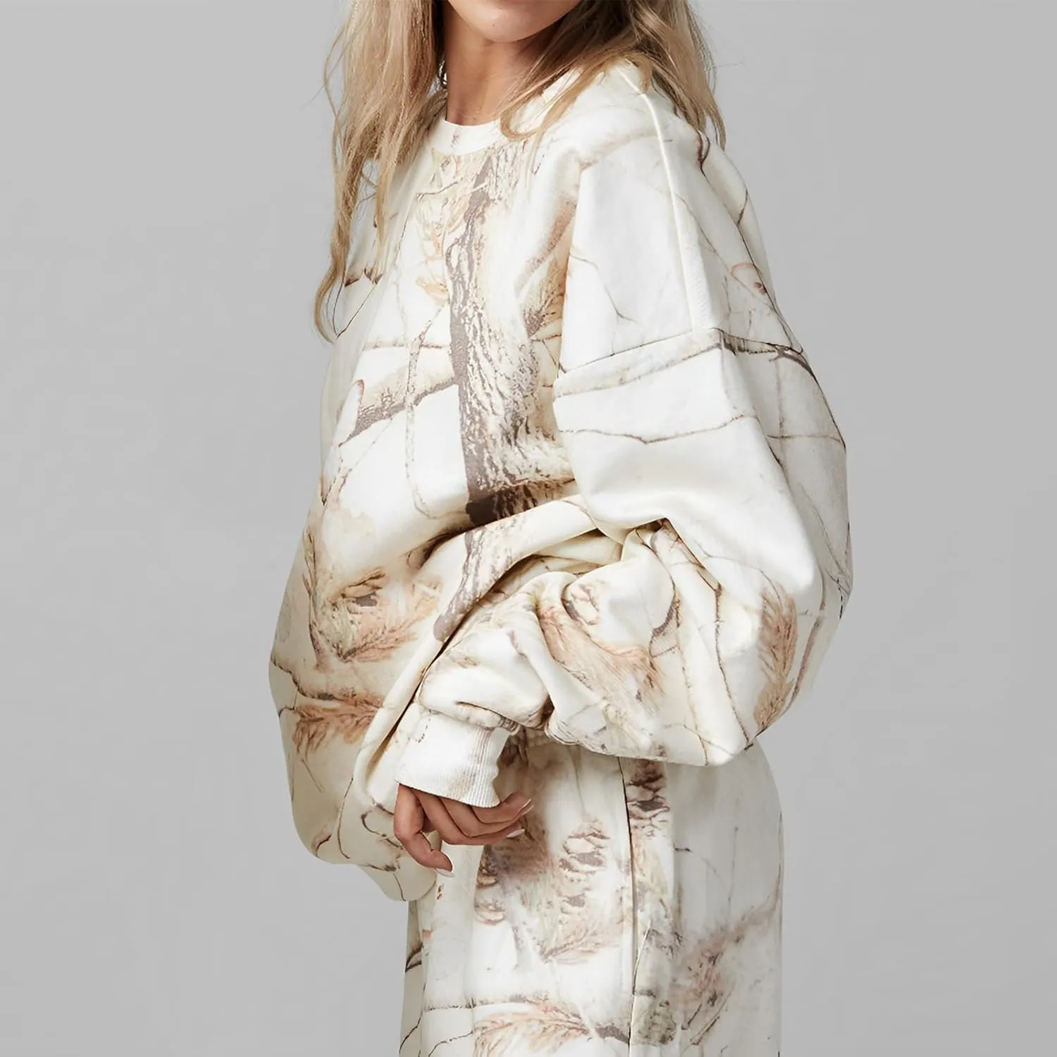 Camo Sweatsuit Set for Women - 2 Piece Crewneck Hoodie & Wide Leg Sweatpant Fall Outfit Lounge Set