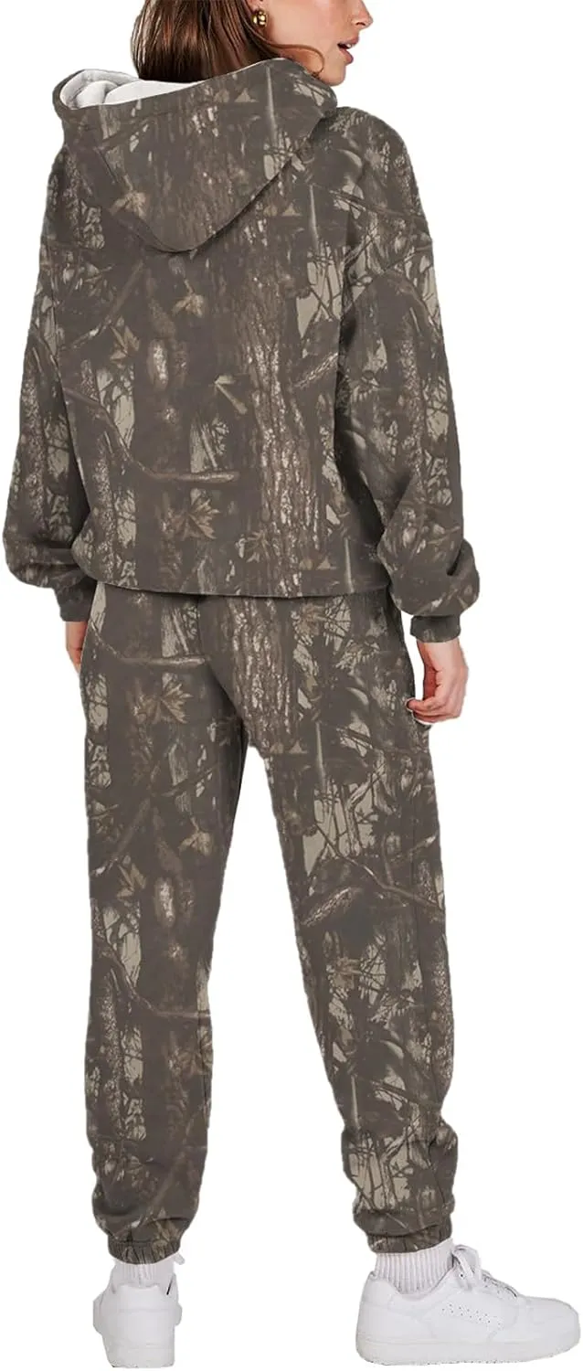 Camo Sweatsuit Set for Women - 2 Piece Crewneck Hoodie & Wide Leg Sweatpant Fall Outfit Lounge Set