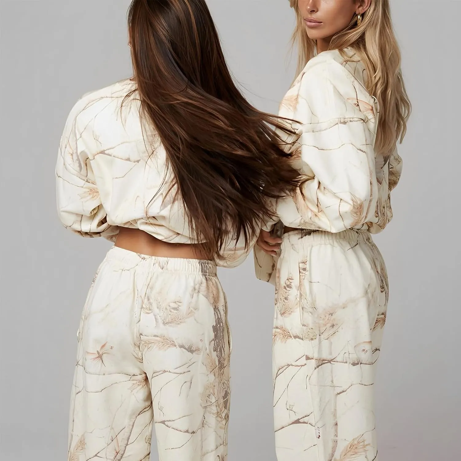 Camo Sweatsuit Set for Women - 2 Piece Crewneck Hoodie & Wide Leg Sweatpant Fall Outfit Lounge Set