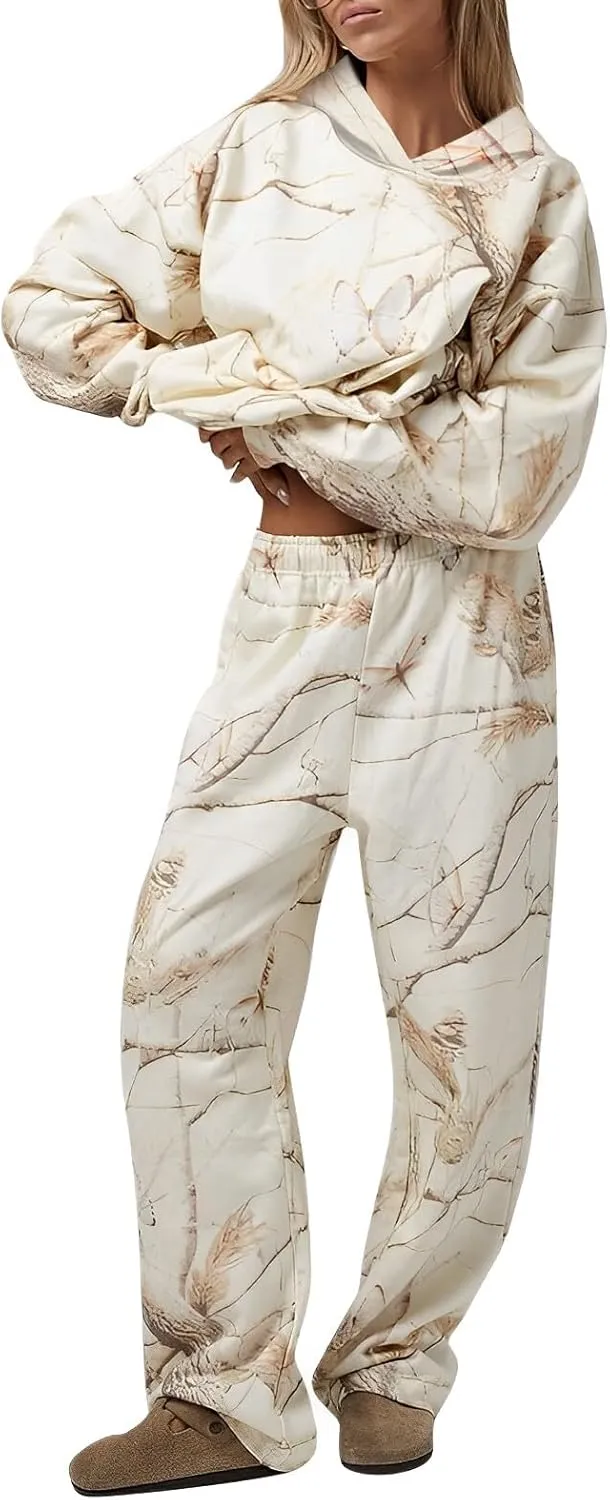 Camo Sweatsuit Set for Women - 2 Piece Crewneck Hoodie & Wide Leg Sweatpant Fall Outfit Lounge Set