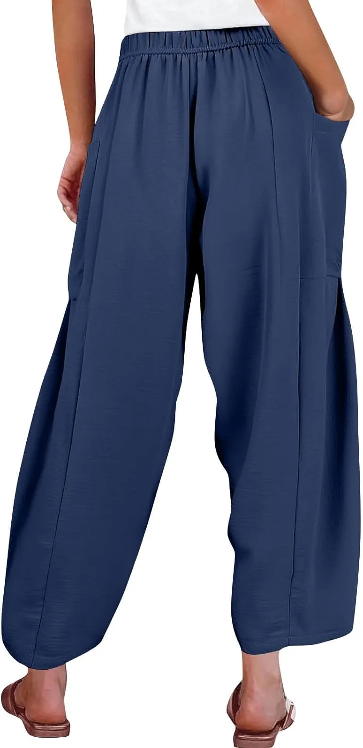 Casual Pants for Women Summer Wide Leg High Waisted Casual Boho Pants Trendy Beach Palazzo Harem Clothes with Pockets